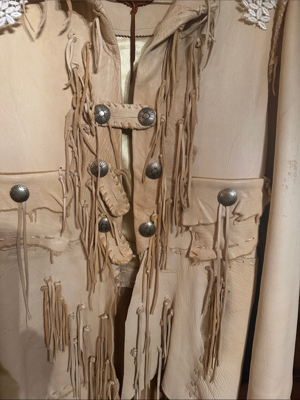 Fringed Beige Longline Leather Jacket with Embellished Shoulders - Picture 2 of 8